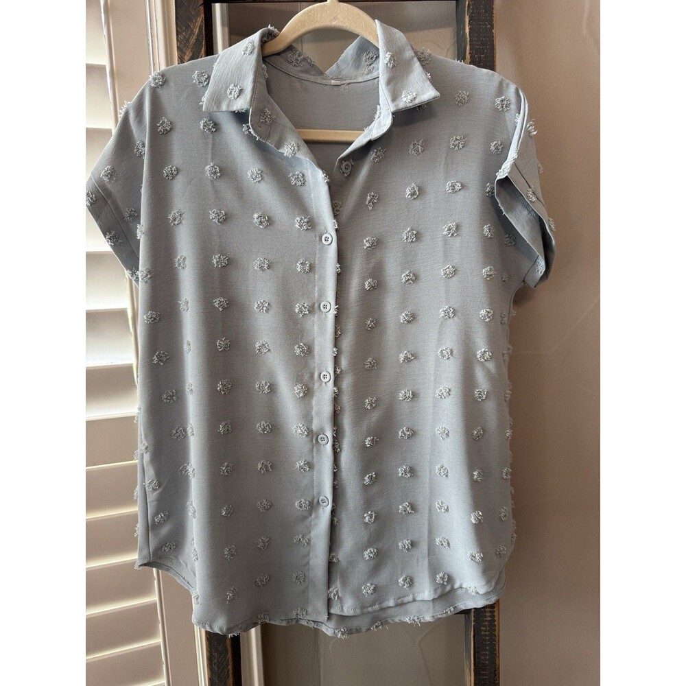 Slate Blue Chiffon Swiss Dot Short Sleeve blouse Top Sz Large